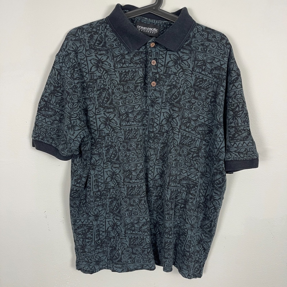 Men's Vintage Ocean Pacific Green Black Floral Print Polo Shirt Size M